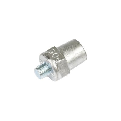 Positive side terminal charging post, featuring a metal bolt and hexagonal nut for secure battery connections.
