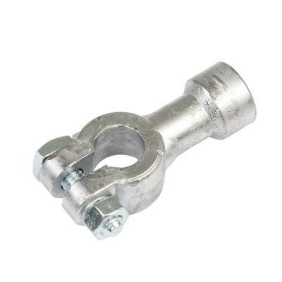 Lead post to side terminal adapter, negative, with shiny metallic finish and bolt attachment, isolated on white background.