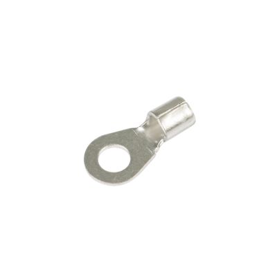 Silver golf car terminal lug with circular eyelet and crimp barrel, suitable for electrical connections.