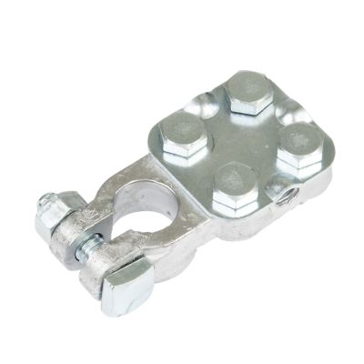 Lead 3-way top post terminal with negative connection, showing metallic finish and multiple bolts for secure attachment.