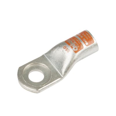 Tin plated copper stud terminal with a ring connector and orange label, designed for secure electrical connections.