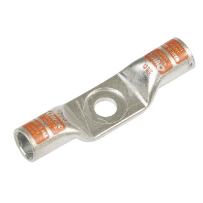 Tin plated copper dual terminal with central stud hole, designed for 2/0 gauge cables, showcasing durable construction.