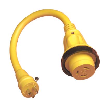 Yellow Marinco 104SPP pigtail adapter with LED, connecting 30A male to 15A female.