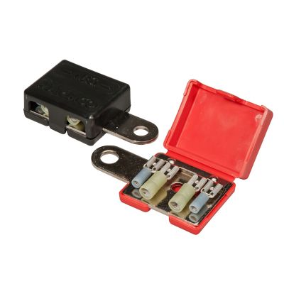 Battery direct connect with black and red protective cases, featuring connectors and colorful internal components.