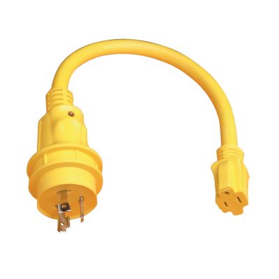Yellow Marinco pigtail adapter with LED, 15 Amp male to 30 Amp female connectors.