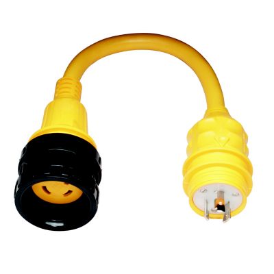 Yellow Marinco 106A pigtail adapter with a male and female end for electrical connections.