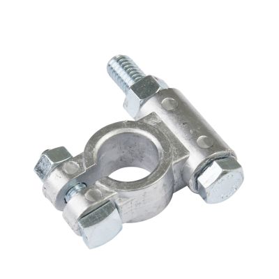 Positive lead battery terminal with ordinance bolt type showcasing metallic finish and sturdy construction.