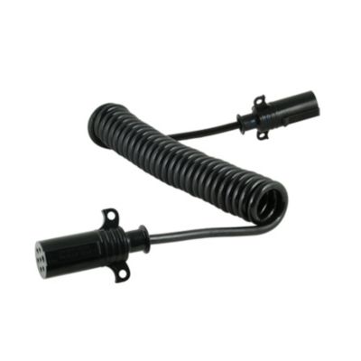 Black coiled trailer cable with 7-way connectors for secure connections, enhancing trailer wiring functionality.