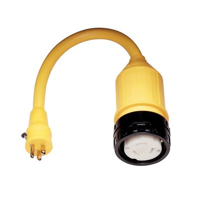 Yellow Marinco pigtail adapter with LED, featuring a male to female connection for power conversion.