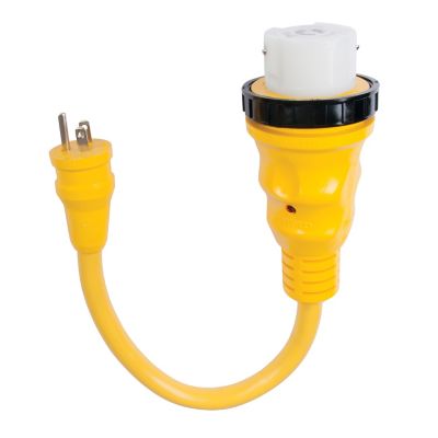 Yellow Marinco 150SPP pigtail adapter with LED, featuring a 15 Amp male and 50 Amp female connector.
