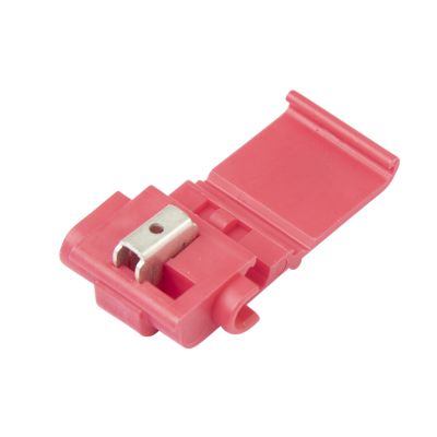 Red quick splice connector with double blade design for 22-16 gauge wires, featuring a hinged cover for easy use.