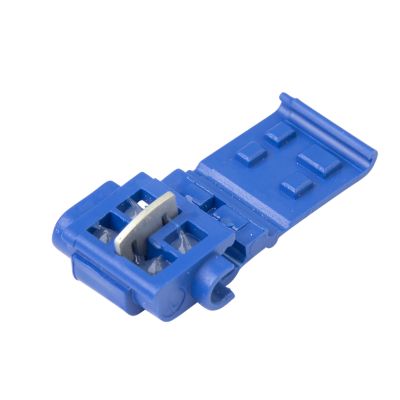 Blue moisture-resistant tap connector for 18-14 gauge wires, showcasing an open design for easy application.