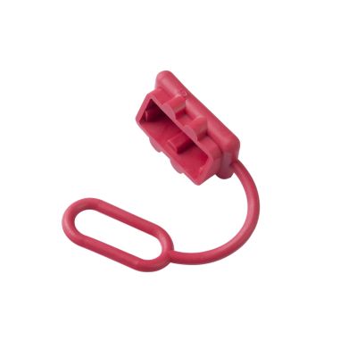 Red protective cap for 50A SB housing with a flexible loop design for secure electrical connection protection.