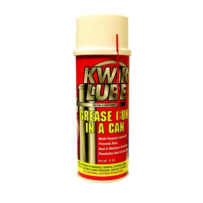 KwikLube+ Spray Grease can with bold red and yellow design, labeled "Grease Gun in a Can," offers rust protection and lubrication.