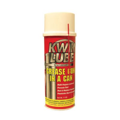KwikLube+ aerosol spray grease can with bold red and yellow label, highlighting multi-purpose lubricant features.