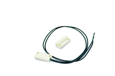 White miniature rectangular magnetic door switch with wires, showing a compact design and easy installation features.