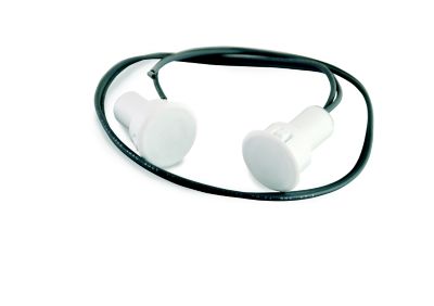 White round magnetic door switch with black wire, ideal for security systems.