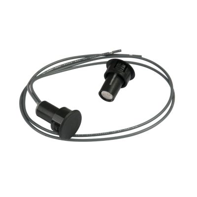 Black round magnetic door switch with attached wires, designed for seamless integration in various systems.