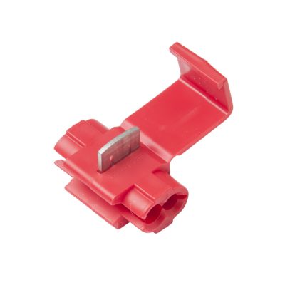 Red quick splice connector for electrical wires, featuring an open hatch design ready for 18-14 gauge UL applications.