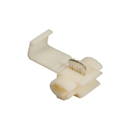 White quick splice connector for electrical wires, featuring an open hatch design ready for 18-14 gauge UL applications.