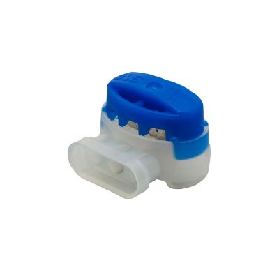 Blue and white 3M Scotchlok 314 pigtail connector with sealant, featuring a translucent body for 22-14 gauge wiring.