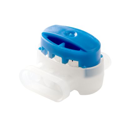 Pigtail connector with blue top and white base, featuring a sealant for secure electrical connections.