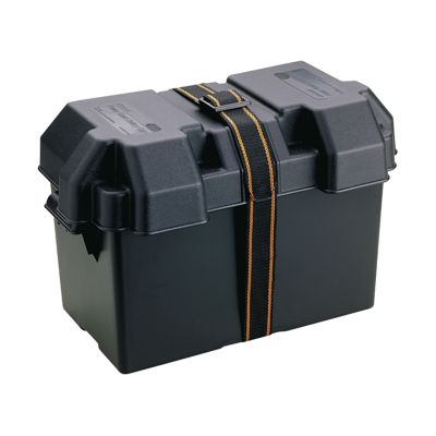 PowerGuard 27 battery box with a orange and black securing strap for larger batteries