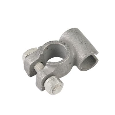 ILSCO split barrel battery terminal, gray metal construction with bolt fastening, designed for heavy-duty applications.