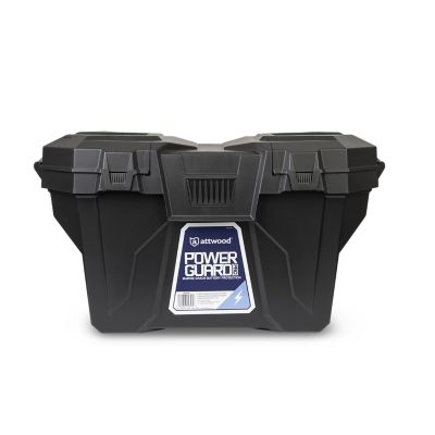 Vented and water resistant black battery box with a label on the front of it used for various applications like boating and RVs