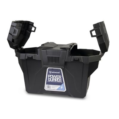 Vented and water resistant black battery box with the easy access panels open used for various applications like boating and RVs