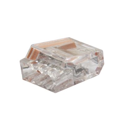 Clear, compact 3-way push-in connector with transparent casing, designed for efficient electrical connections.