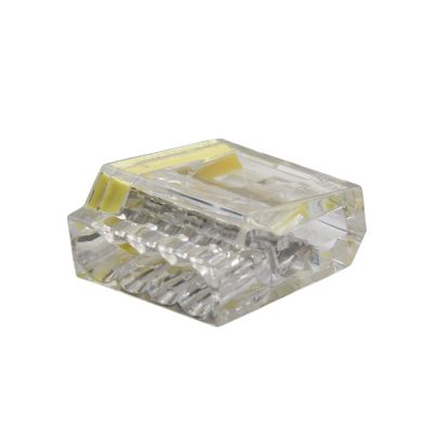 Transparent Gardner Bender ECM 10-PC4, 4-way push-in connector, showcasing slots and compact design for easy wiring.