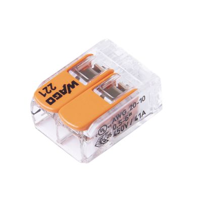 Transparent WAGO 221 Series 2-conductor connector with orange levers for secure electrical connections.