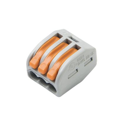 Three-conductor WAGO 222 Series LEVER-NUT Connector with ergonomic levers for secure wire connections.
