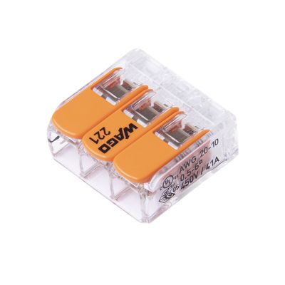 Transparent WAGO 221 Series LEVER-NUT Connector with three orange levers, designed for easy wire connection.
