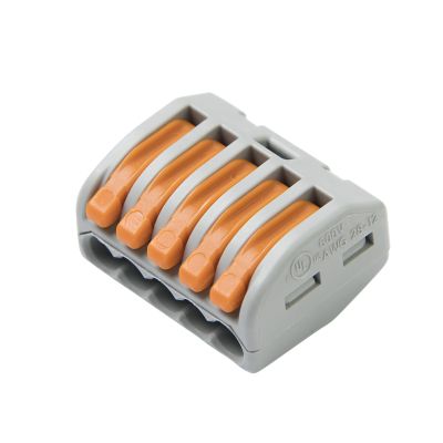 WAGO 222-415 LEVER-NUT Connector with gray casing and orange levers, 5-conductor design for secure electrical connections.