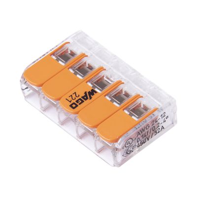 Transparent 5-conductor WAGO 221-415 LEVER-NUT connector with orange levers, ideal for secure wire connections.