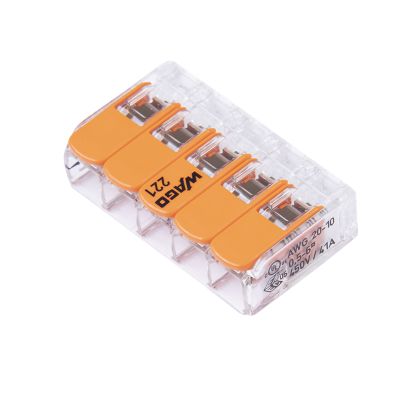 WAGO 221-615 LEVER-NUT Connector, transparent casing, 5 conductors with orange levers, for secure electrical connections.
