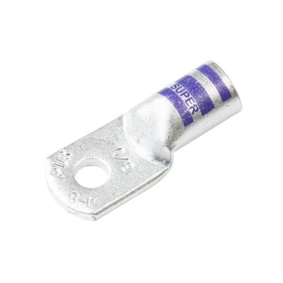 Heavy-duty copper lug with mounting hole and blue stripe detailing, suitable for robust electrical connections.