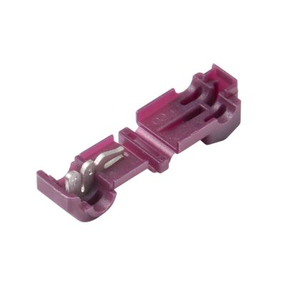 Purple T-tap female connector for electrical wiring, highlighting its design for secure wire connections.