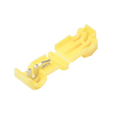 Yellow T-tap female connector for electrical wiring applications, highlighting its clipped design for secure connections.