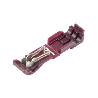 T-tap female connector with a double blade design, suitable for electrical wiring, shown in a red casing.