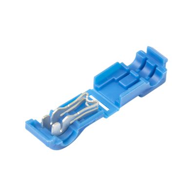 Blue T-tap female connector with double blade design for wire gauge connections.