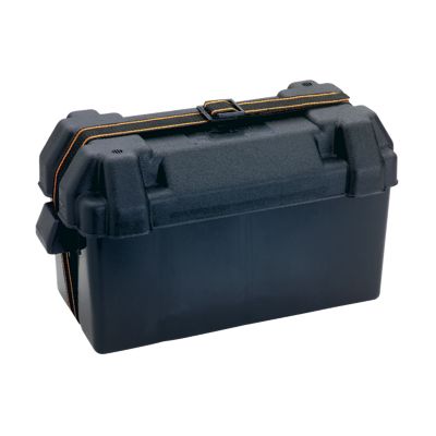 Vented black battery box for large battery applications that includes a black and orange security strap