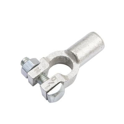 Straight barrel copper battery terminal with a smooth metallic finish and attached bolts for secure connections.
