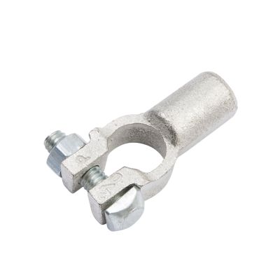 Copper battery terminal with a straight barrel design featuring two bolts, ideal for secure electrical connections.