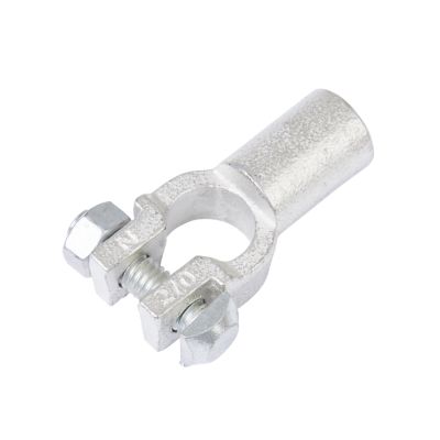 Copper battery terminal with straight barrel design, featuring bolts and a smooth finish for secure electrical connections.