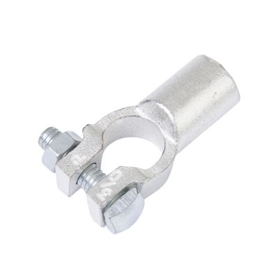 Copper battery terminal with a straight barrel design, featuring a positive connection. Ideal for secure electrical installations.