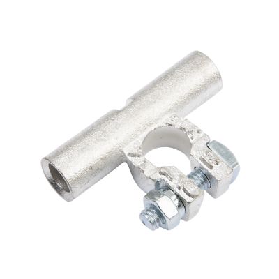 Copper battery terminal for negative connection, featuring a parallel design with mounting bolts for secure attachment.