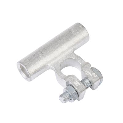 Copper battery terminal with parallel design and negative connection, featuring secure bolt attachment for reliable conductivity.